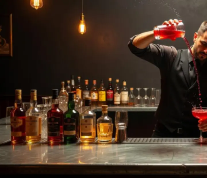 Bartender akció közben, koktélt készít a steel-and-zinc pultnál