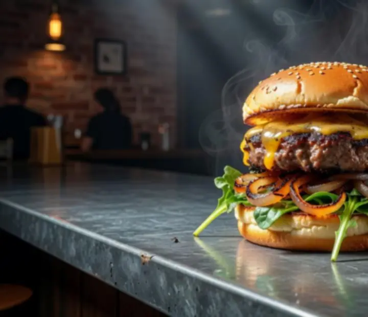 Faszenes burger olvadt sajttal ipari pult tetején