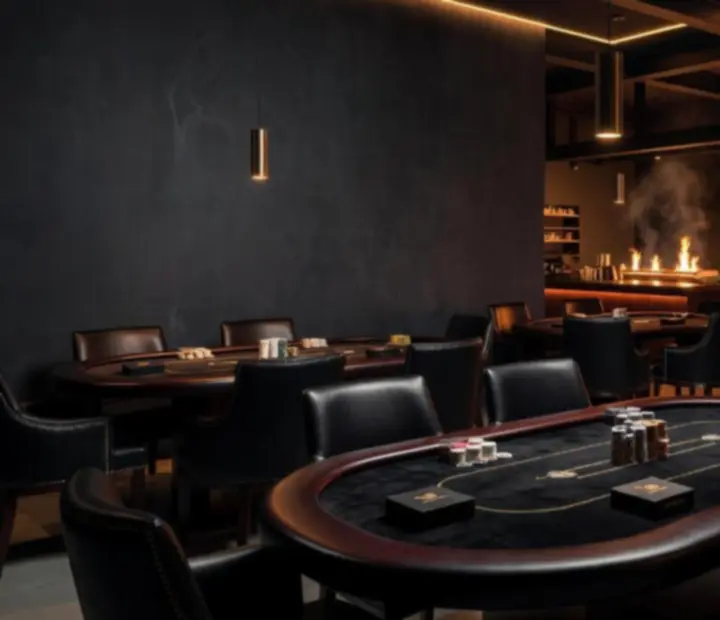 Stílusos, füstös poker lounge faszenes grill bistró mellett, Texas Hold'em asztalokkal.