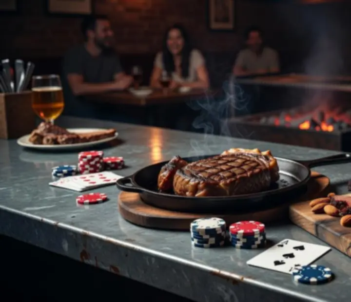 Játék közben felszolgált lángon sült steak, füstölt előételek és craft sör a pókerasztalnál.
