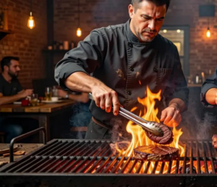 Grillmesterek munkában a faszenes grill mellett az Ajanlottlista konyháján