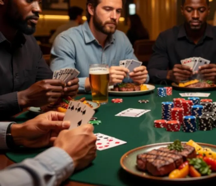Texas Hold'em zöld posztó asztal zsetonokkal és kártyákkal, játék közben.